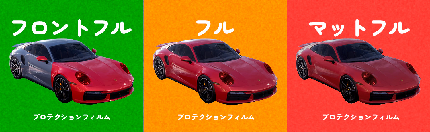 フロントフル・フロントライト・フルPPF 3スタイル比較図