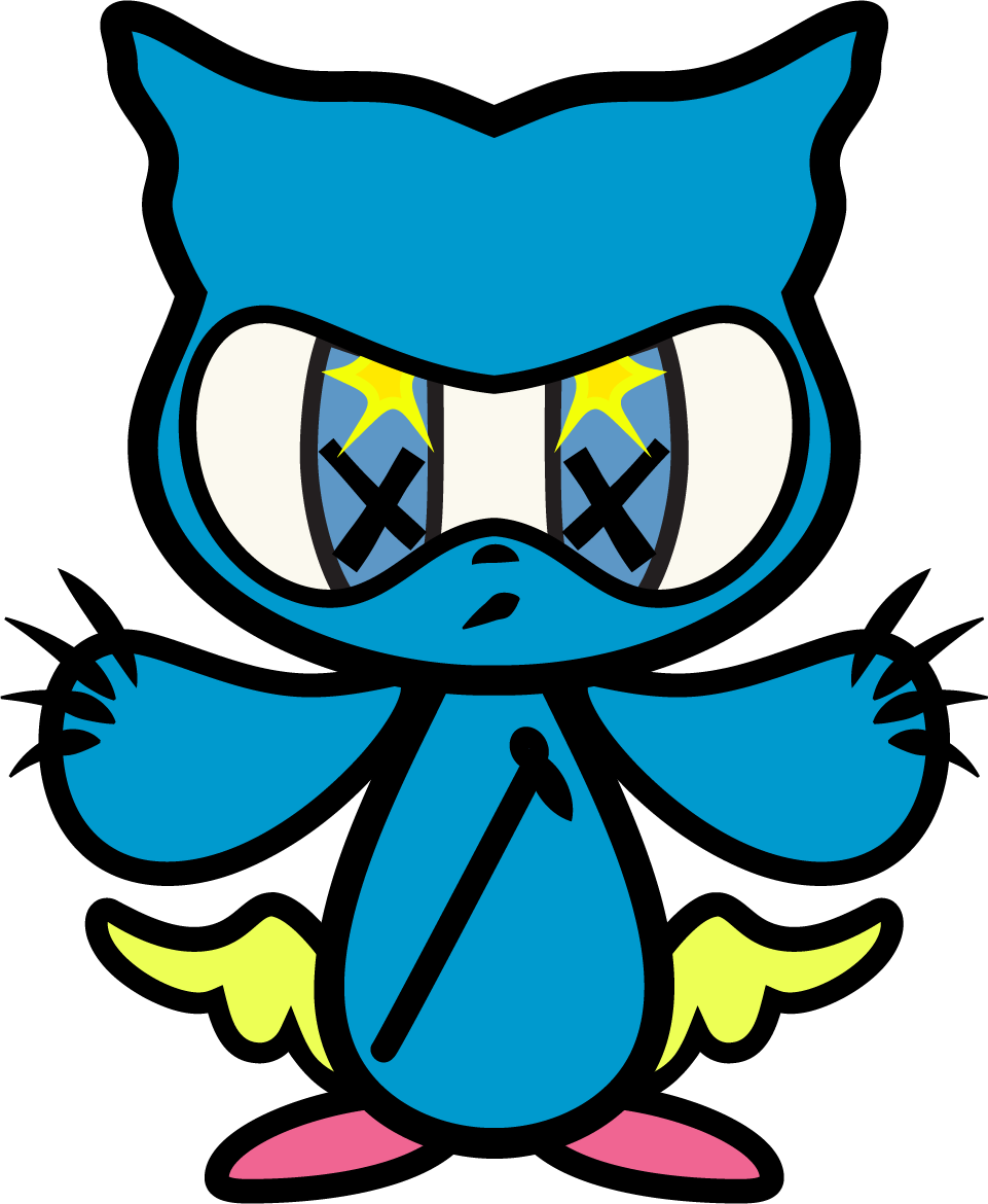 ザラップの公式キャラクター「ザラップくん」。青い体に黄色い羽根があり、目には光とバツ印がある